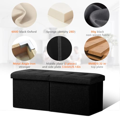 AmasSmile Footrest Ottoman Storage Bench,34" Linen Folding Chest,Black | Large Ottoman with Storage,Thicker Foam Padded Seat,Livingroom,Dorm,Bedroom,Entryway,Easy to install,34 x 13 x 13in - color: Black-linen