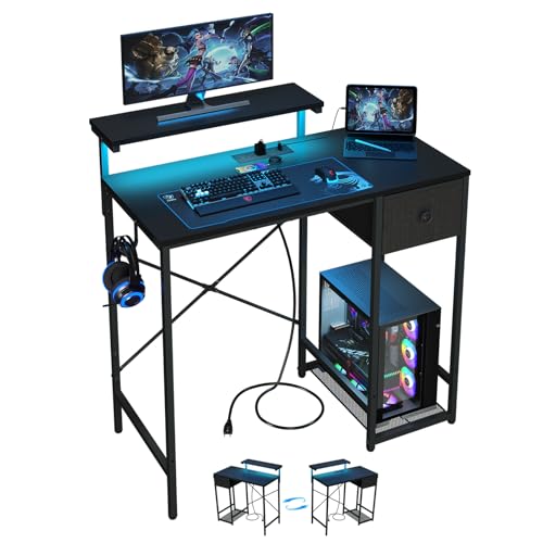 X-cosrack 33.5" Small Gaming Desk with LED Lights & Power Outlets, Compact Computer Desk with Monitor Stand & CPU Stand, Gamer Table with Storage Drawer, Side Hooks for Home Office, Bedroom, Black - color: Black, size: 33.5"