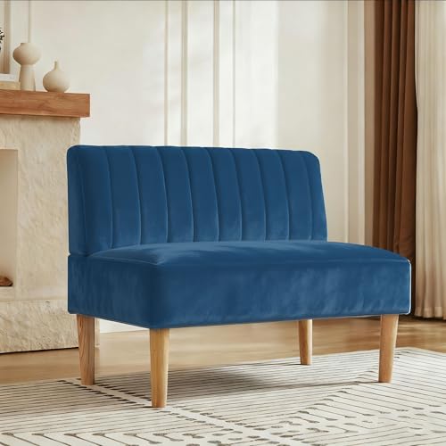 42" Velvet Armless Loveseat Settee, Mini Two-Seater Couch with Channel-Tufted Back, Solid Wood Legs, Compact Bench with Back for Small Apartment, Kitchen Nook & Entryway, Easy Assembly (Blue)