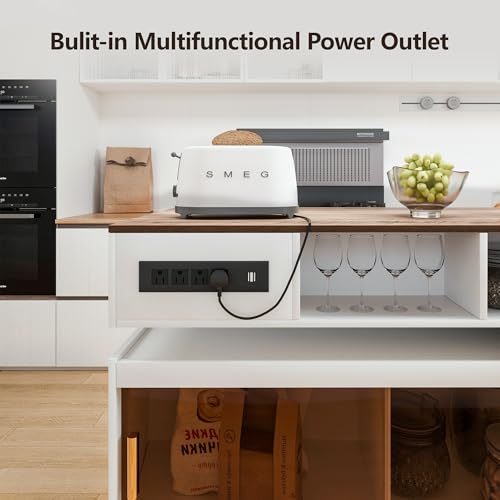 Kitchen Island Storage & Seating, Wheeled & Extendable Table for Kitchen | 360° Swivel Countertop,Built-in Power Outlet,Lockable Casters,Glass Door Storage,Farmhouse Two-tone Finish,White Oak,Drawers