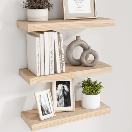 fuqing Natural Wood Floating Shelves, 17 Inch Wooden Wall Shelves Set of 3 | 6.7 Inch Deep Natural Wooden Shelves for Bathroom Living Room, Lightweight, 30LBS, Hardware Included, Waterproof Finish - color: Natural, size: 17 Inch