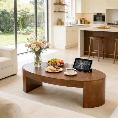 42.24” Modern Oval Coffee Table, MDF Center Table, Conference Table, Minimalist Accent Dinning Coffee Table for Living Room, Apartment,Office,Courtyard,No Assembly.(Walnut) - color: Walnut-f