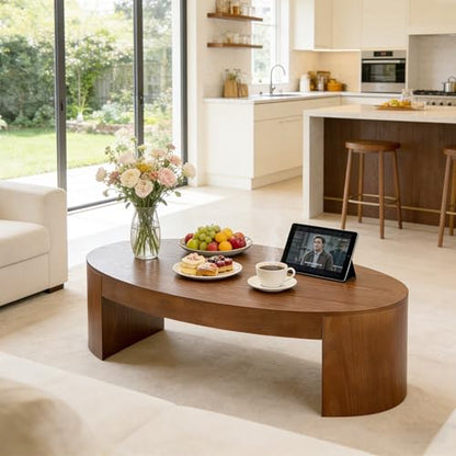 42.24” Modern Oval Coffee Table, MDF Center Table, Conference Table, Minimalist Accent Dinning Coffee Table for Living Room, Apartment,Office,Courtyard,No Assembly.(Walnut) - color: Walnut-f