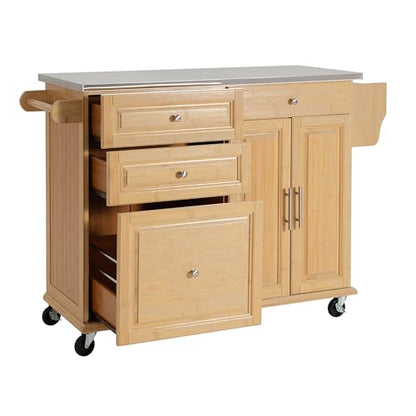 Christopher Knight Home Tredy Bamboo Rolling Cart with Drawers, Kitchen Bar Cart on Wheels with Stainless Steel Top, Rolling Kitchen Cart Storage Cabinet, Serving Cart, 50.8'' x 18.5'', Natural - size: Medium