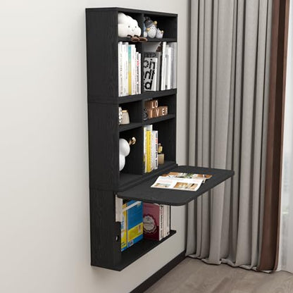Floating Desk with Storage Shelves, 82'' Wall Mounted Desk Laptop Writing Study Table, Folding Drop Leaf Table, Multifunctional Computer Workstation for Narrow Small Space