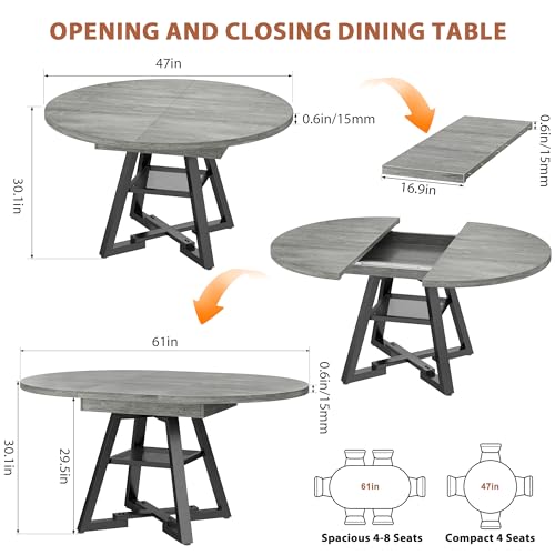 Extendable Dining Table for 4-8, Round Extendable Dining Room Table with Removable Leaf & Storage Shelf, Expandable Oval Kitchen Table with Pedestal Base, Modern Industrial Space Saving (Grey) - color: Grey