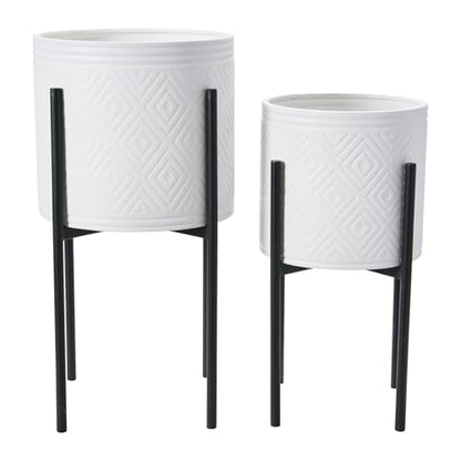 Main + Mesa Modern Boho Embossed Metal Planters with Stands, White and Black, Set of 2 Sizes - color: White/Black