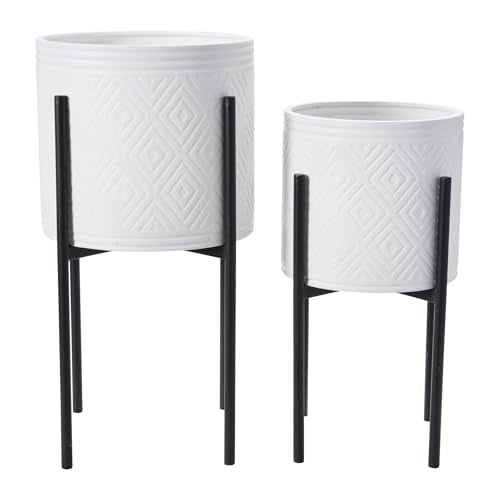 Main + Mesa Modern Boho Embossed Metal Planters with Stands, White and Black, Set of 2 Sizes - color: White/Black
