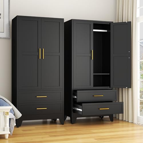 GAIOUS Metal Wardrobe Cabinet with 2 Drawers, 71" Clothing Storage Cabinets | with 2 Doors, 1 Adjustable Shelf, Steel Armoire Wardrobe Closet with Hanging Rod for Bedroom, Gym, Cloak Room (Black) - color: 2 Drawer Black, size: 17.71"D x 31.5"W x 71"H