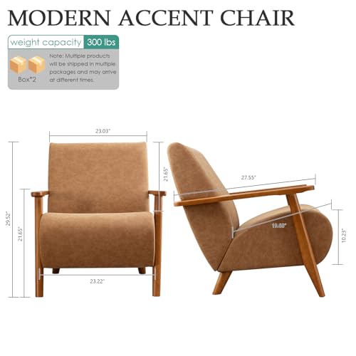 Home Accent Chair Mid Century Modern Accent Chair with Wood Frame, Faux Leather Upholstered Armchair, Reading Chair, for Living Room, Bedroom,Office,Comfy Guest Waiting Room Chairs Brown - color: Brown, size: Faux Leather