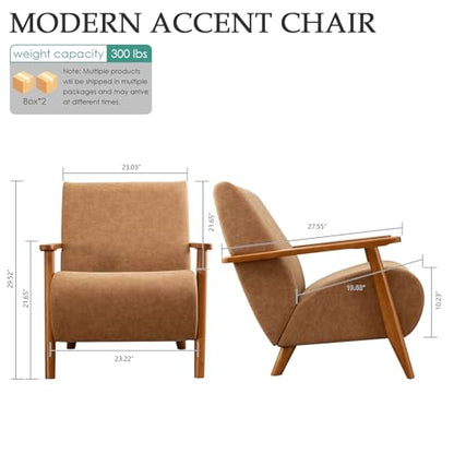 Home Accent Chair Mid Century Modern Accent Chair with Wood Frame, Faux Leather Upholstered Armchair, Reading Chair, for Living Room, Bedroom,Office,Comfy Guest Waiting Room Chairs Brown - color: Brown, size: Faux Leather
