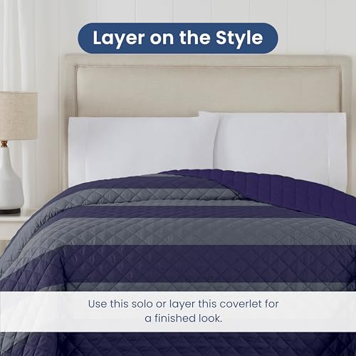 Martex Reversible Coverlet, Full Queen, Rugby Stripe/Navy | Lightweight, Durable, Soft, Easy Care, Reversible - color: Rugby Stripe/Navy, size: Full/Queen