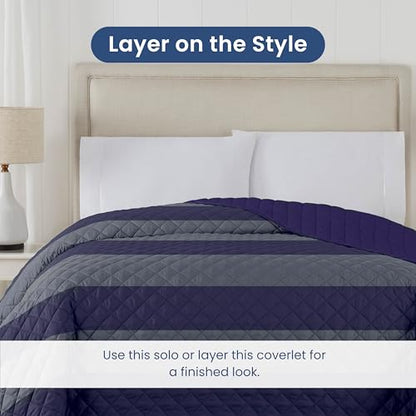 Martex Reversible Coverlet, Full Queen, Rugby Stripe/Navy | Lightweight, Durable, Soft, Easy Care, Reversible - color: Rugby Stripe/Navy, size: Full/Queen