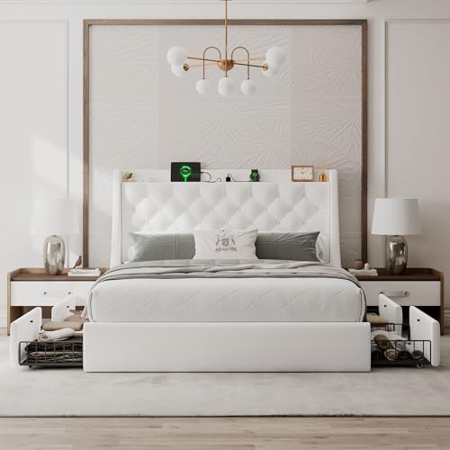 Einhomn Full Size Bed Frame with 4 Storage Drawers, Upholstered Bed Frame with Large Wingback Headboard, Charging Station, No Box Spring Needed, White - color: White, size: Full