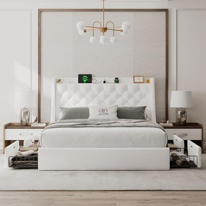 Einhomn Full Size Bed Frame with 4 Storage Drawers, Upholstered Bed Frame with Large Wingback Headboard, Charging Station, No Box Spring Needed, White - color: White, size: Full