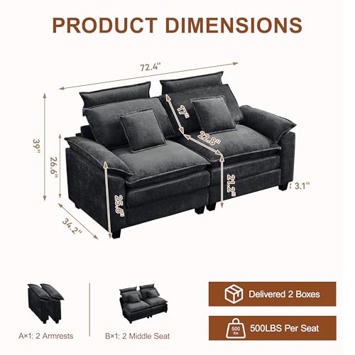 72'' Cloud Deep Seat Loveseat, Modular 2 Seater Sectional Couch with Detachable Headrest, Modern Love Seat Sofas for Living Room, Apartment, Dark Grey - color: Dark Grey, size: Loveseat
