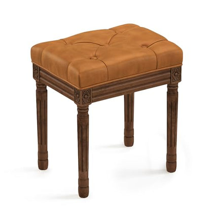 LUE BONA Upholstered Fabric Vanity Bench Seat, Makeup Stools for Vanity, Square Tufted Ottoman Bench with Carved Dark Brown Color Legs for Bedroom Living Room, Whiskey Brown - color: Whiskey Brown and Dark Brown