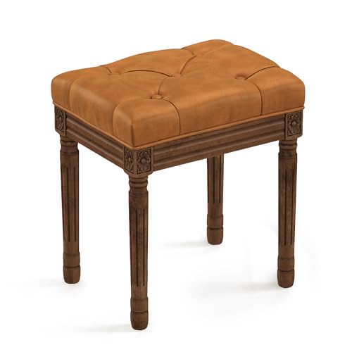 LUE BONA Upholstered Fabric Vanity Bench Seat, Makeup Stools for Vanity, Square Tufted Ottoman Bench with Carved Dark Brown Color Legs for Bedroom Living Room, Whiskey Brown - color: Whiskey Brown and Dark Brown