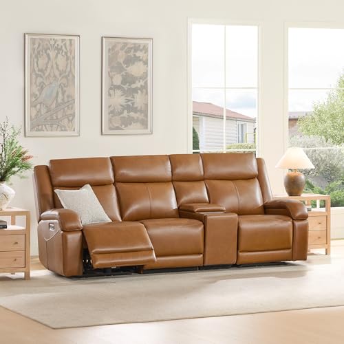 Watson & Whitely Wall Hugger Power Reclining Sofa with Console, Saddle | Genuine Leather Recliner Sofa, Power Headrests, Center Storage Console, Cup Holders, 3-Seater Couch, Living Room & RV - color: Saddle Brown, style: 3 Seater Sofa (with console)