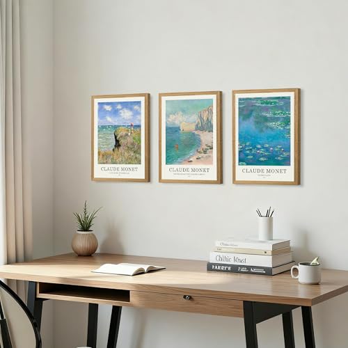 JLTULT Claude Monet Wall Art Set of 3, Solid Wood Frames, 12 x 16 in Each | Monet impressionist prints on fade-resistant canvas with ready-to-hang solid wood frames for living rooms and bedrooms - color: Monet, size: 16"L x 12"W
