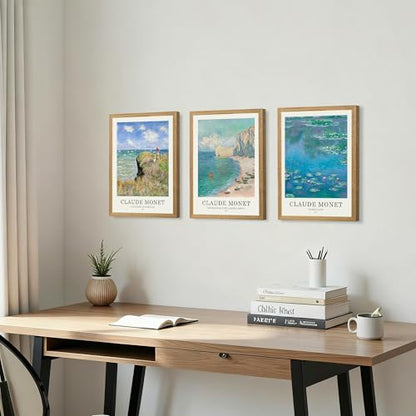 JLTULT Claude Monet Wall Art Set of 3, Solid Wood Frames, 12 x 16 in Each | Monet impressionist prints on fade-resistant canvas with ready-to-hang solid wood frames for living rooms and bedrooms - color: Monet, size: 16"L x 12"W