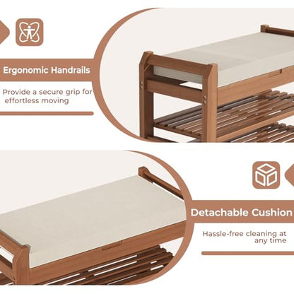 27.6" Bamboo Shoe Bench with Cushion, 5 Hooks Coat Rack, 2-Tier Storage Bench for Entryway, Heavy Duty Shoe Rack Organizer with Removable Soft Cushion for Living Room Bedroom Hallway - size: 27.6" 2-Tier