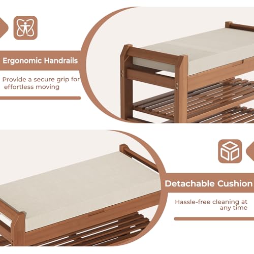 39.4" Bamboo Shoe Bench with Cushion, 6 Hooks Coat Rack, 3-Tier Adjustable Storage Bench for Entryway, Heavy Duty Shoe Rack Organizer with Removable Soft Cushion for Living Room Bedroom Hallway - size: 39.4"
