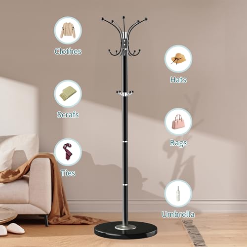 OIRUMIE Coat Rack,360°Rotary Coat Rack Stand,Coat Hanger Stand for Entryway | Metal Coat Rack Freestanding with Natural Marble Base & 14 Hooks,Black Modern Coat Stand, Clothes Hall Stand for Hallway - color: Black-14 Hooks