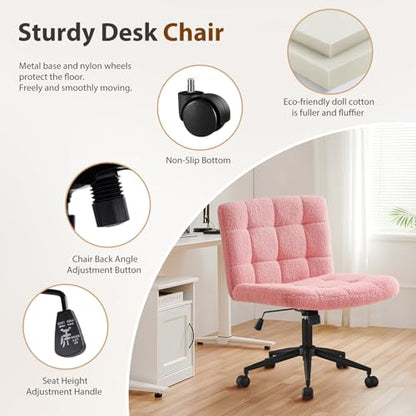 Furnimart Swivel Criss Cross Legged Chair with Wheels for Home Office, Wide Armless Desk Chair Height Adjustable Comfy Seat for Desk,Vanity, Bedroom, Faux Fur Pink - color: Faux Fur-pink
