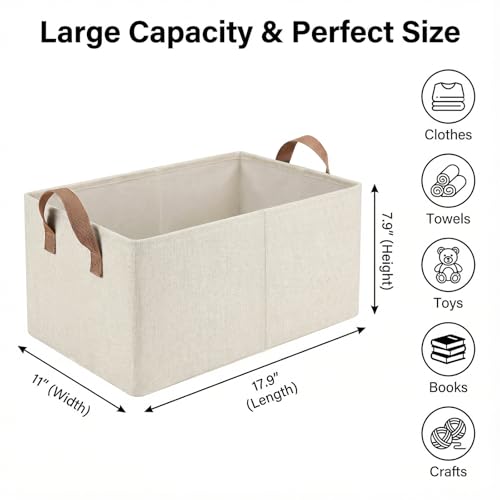 3 Pack Storage Bins Fabric Collapsible Organizers with Handles Sturdy Canvas with PP Board Beige Foldable Storage Box for Closet Shelves, Books, Toys, Clothes, Office Organization