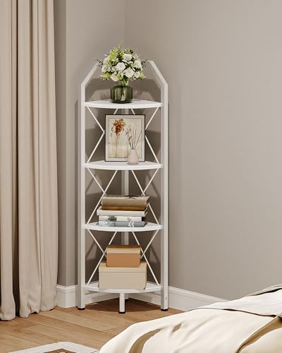 4-Tier Corner Shelf, Industrial Corner Bookshelf, 47.6" Corner Storage Stand, Plant Stand Display Shelf, Corner Bookcase for Bedroom, Living Room, Home Office, White TCJ09WB - color: White, size: 4-Tier