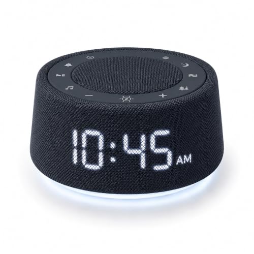White Noise Alarm Clock for Bedroom, Night Light, Bluetooth Audio | 18 soothing sounds, Bluetooth speaker, ambient light ring, adjustable alarm volume, USB charger, dimmable digital clock - color: Black