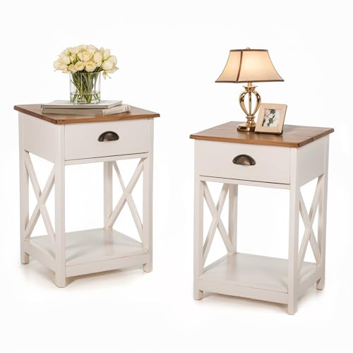 PHI VILLA End Table Living Room Set of 2, White Bedside Table with Drawers | Wood Side Table with Drawer, Farmhouse Bed Side Tables Living Room, Rustic Nightstand for Bedroom, Small Couch Table - color: Ivory 1