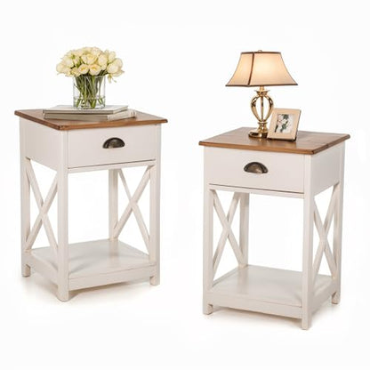 PHI VILLA End Table Living Room Set of 2, White Bedside Table with Drawers | Wood Side Table with Drawer, Farmhouse Bed Side Tables Living Room, Rustic Nightstand for Bedroom, Small Couch Table - color: Ivory 1