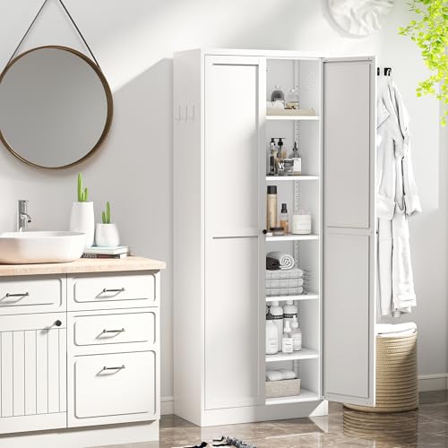 AQY Metal Pantry Cabinet, 72" White Kitchen Storage Cabinet with Doors | 5 Adjustable Shelves Ventilated Metal Cabinet Hanging Hooks Freestanding Kitchen Storage - color: White, style: H72" - 2 Doors Hooks & Vents