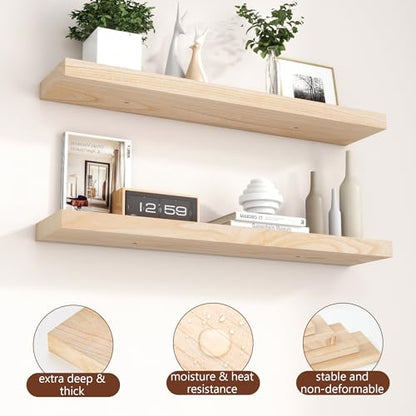 fuqing 36 Inch Floating Shelves 6.7'' Deep Natural Wood Shelves Set of 2 | 36'' x 6.7'' x 1.4'' Natural Wood Shelves for Bathroom Living Room, 40LBS, Lightweight, Hardware Included, Waterproof Finish - color: Natural, size: 36 Inch