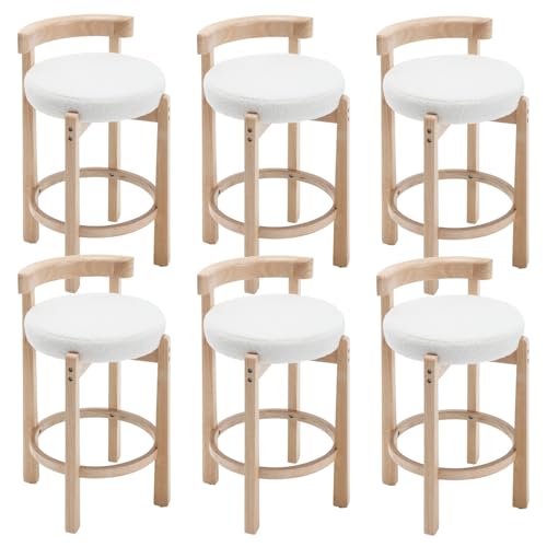 HEAH-YO Mid Century Modern Sherpa Bar Stools Set of 6, 26.5" Counter Stools with Back, Boucle Upholstered Barstools with Solid Wood Legs Bar Chairs for Kitchen Island Dining Room, White - color: 26.5" White Sherpa, size: Counter Height - Set of 6