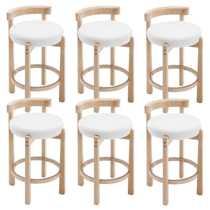 HEAH-YO Mid Century Modern Sherpa Bar Stools Set of 6, 26.5" Counter Stools with Back, Boucle Upholstered Barstools with Solid Wood Legs Bar Chairs for Kitchen Island Dining Room, White - color: 26.5" White Sherpa, size: Counter Height - Set of 6