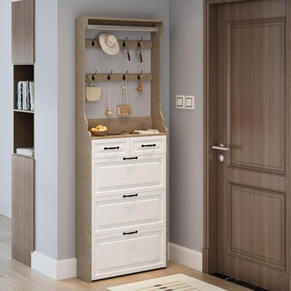 Resenko's Slim Shoe Storage Cabinet with 8 Hooks, Hidden Rack & 5 Drawers for Entryway, Hallway - color: White & Oak