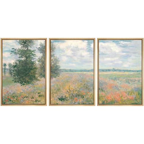 SIGNWIN Framed Wall Art Print Set Monet Style Floral Field Illustrations Modern Art Chic Multicolor for Living Room, Bedroom, Office - 16"x24"x3 Natural - color: A26-2601-yuk03, size: 16"x24"x3 Panels Natural