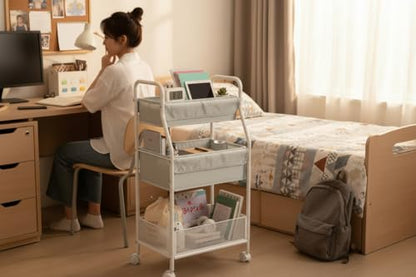 Rolling Utility Cart with Wheels, 3-Tier Diaper Cart, Rolling Nursery Cart & Baby Caddy Organizer for Nursery Essentials, Bedside/Postpartum Cart, Craft & Art Storage, Rolling Book Cart - size: WITHOUT_SIDE_STORAGE