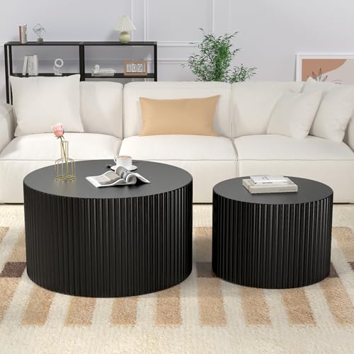 Round Nesting Coffee Table Set of 2, Black | Mid Century Modern Fluted End Table Set,Small Circle Wooden Side Table Drum Table for Living Room Bedroom Apartment - color: Black 27.5"