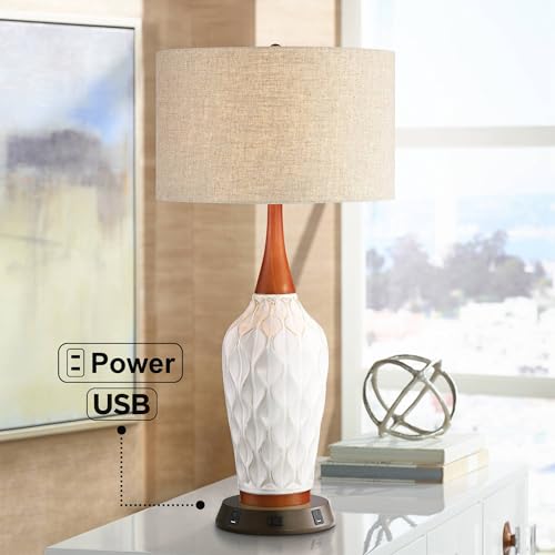 Rocco 30" Large Table Lamp White Ceramic USB Workstation Base Oak Wood | Mid Century Modern Charging Ports and AC Power Outlet Living Room Bedroom House Bedside Nightstand Office Home Tan Drum Shade - color: White Ceramic with USB Workstation Base