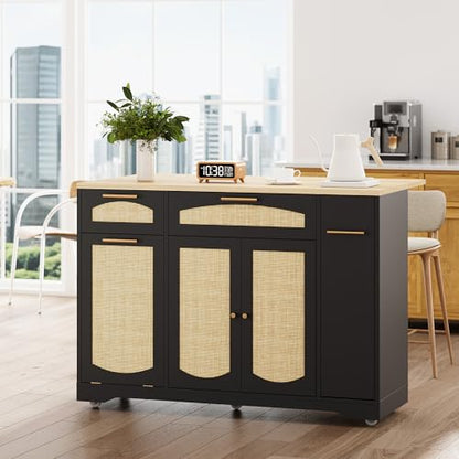 Garvee Rolling Kitchen Island Table on Wheels with Drop Leaf, Tilt Out Trash Can Cabinet, Storage Cabinet, Drawer, Spice Rack, Kitchen Cart, 53.1" Wide, Black - color: Black