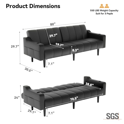 Brelice 80'' Leather Couch, Futon Sofa Bed, Faux Leather Couch with Adjustable Backrest, 2 Cup Holders & Side Pockets, Mid Century Modern Sofa for Living Room, Bedroom, Dark Black - color: Faux Leather Black