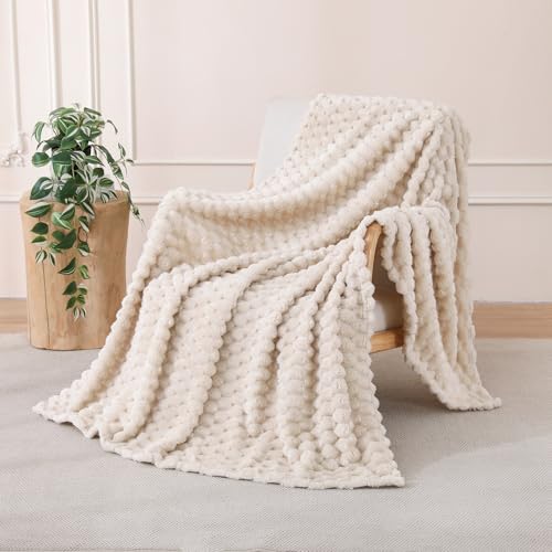 Cream Fleece Throw Blanket 50”×60” for Couch Sofa Bed | Super Soft Cozy Plush Microfiber Flannel Blanket with 3D Jacquard Decorative Lightweight for Mom Woman - color: Cream, size: 50×60inch