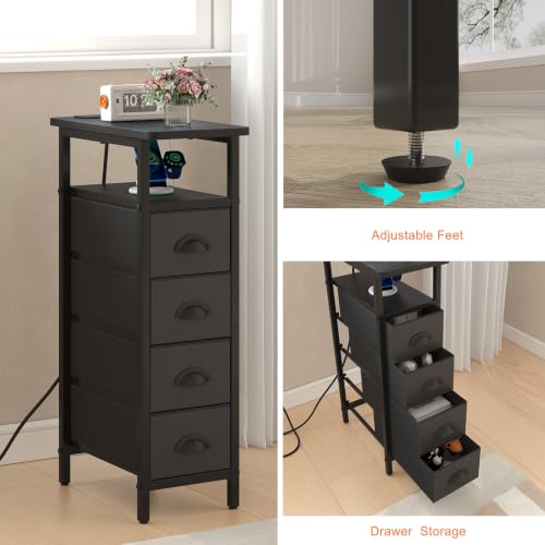sthmec Nightstand with Charging Station, Narrow Night Stand Set of 2 with 4 Drawers, Skinny Side Table with Fabric Drawers,Slim Sofa Couch Tables for Small Spaces,Living Room,Bedroom, Black - color: Black, style: Power