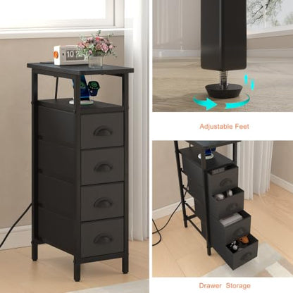 sthmec Nightstand with Charging Station, Narrow Night Stand Set of 2 with 4 Drawers, Skinny Side Table with Fabric Drawers,Slim Sofa Couch Tables for Small Spaces,Living Room,Bedroom, Black - color: Black, style: Power
