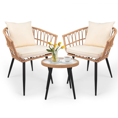 3-Piece Patio Dining Set, Featuring a Round PE Rattan Table and 2 Chairs, Suitable for Bedrooms, Porches and Gardens All-Weather Furniture Set Includes Tempered Glass, Thick Cushions - size: 3 Pieces