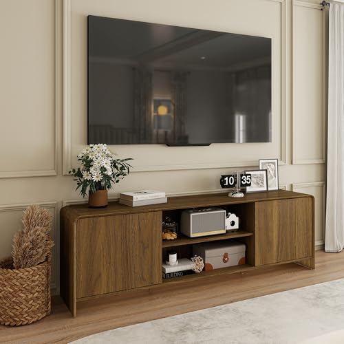 Bevfint Modern TV Stand for 80 Inch TVs, Rustic Entertainment Center for Cozy Home Theater & Holiday Gatherings, Dark Oak Media Console Cabinet with Storage & Arc Design - Walnut Grain - color: Walnut Grain